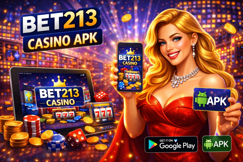 Casino APK mobile app concept with smartphone, slot machine interface, poker chips and coins in a bright digital gaming scene