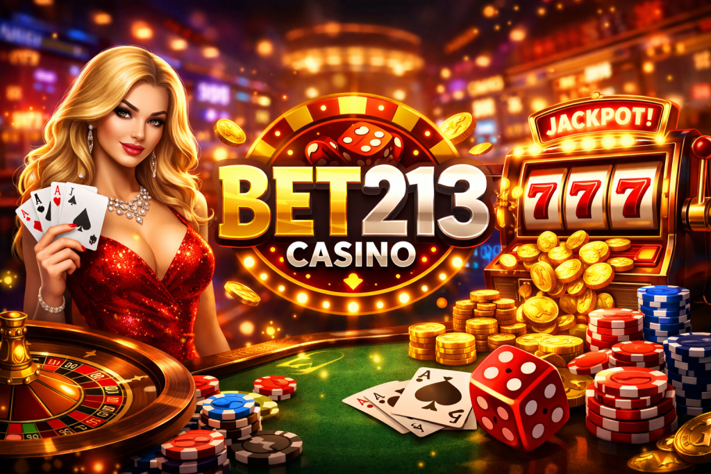 Bet213 Casino banner with glowing slot machine jackpot, roulette table, poker chips, dice, and a woman holding winning cards in a vibrant casino setting