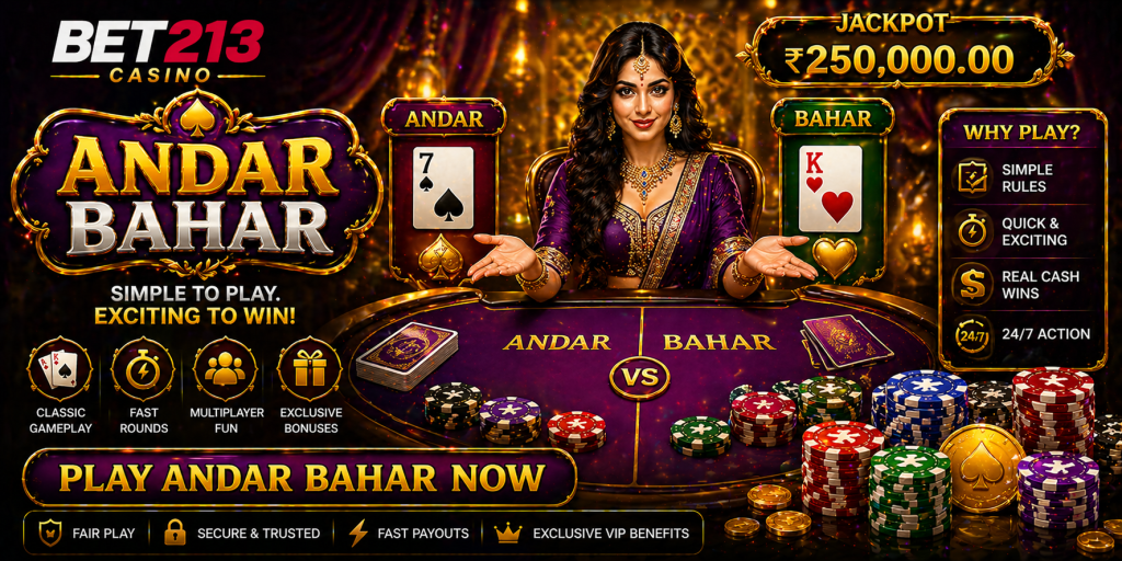 Casino card game banner with Andar Bahar table, playing cards, chips, and vibrant luxury visuals