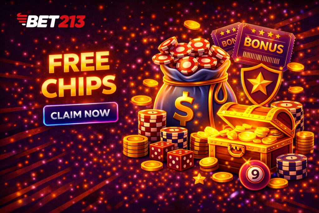 Casino free chips banner with glowing chips stack, coins, bonus tickets and neon effects on dark background