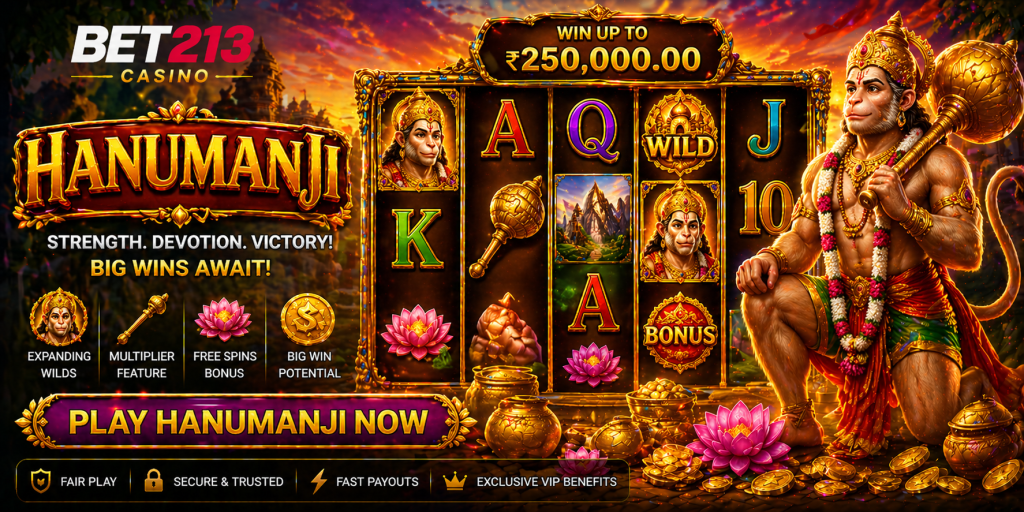 Colorful slot banner with Hanuman theme, gold coins, lotus flowers, and vibrant temple visuals