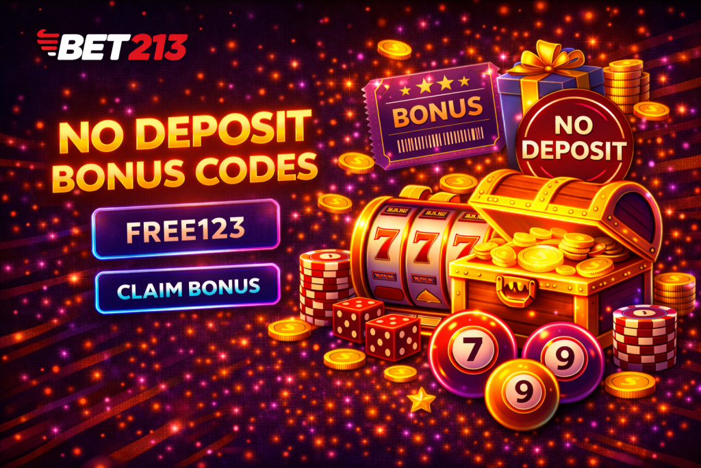 Casino no deposit bonus banner with glowing gift box, coins, chips and free reward elements on dark neon background