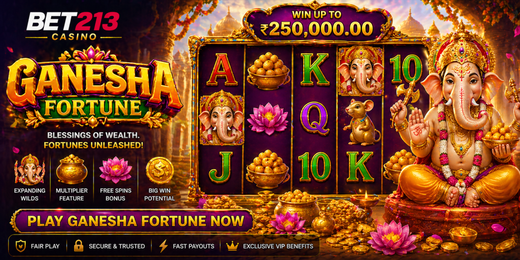 Colorful slot banner with Ganesha theme, gold coins, lotus flowers, and vibrant temple visuals