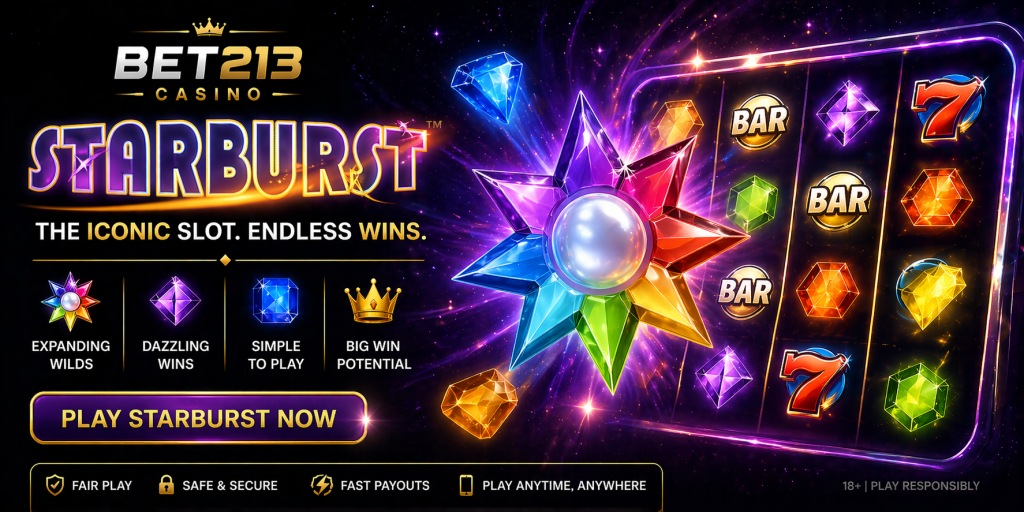 Colorful Starburst slot banner with glowing gems, spinning reels, and cosmic background effects