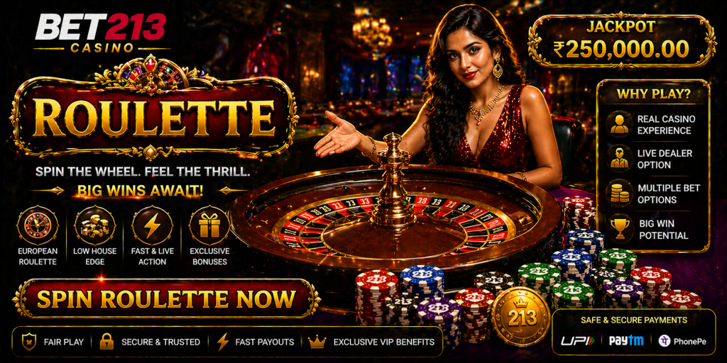 Casino roulette banner with spinning wheel, chips, and luxury table visuals
