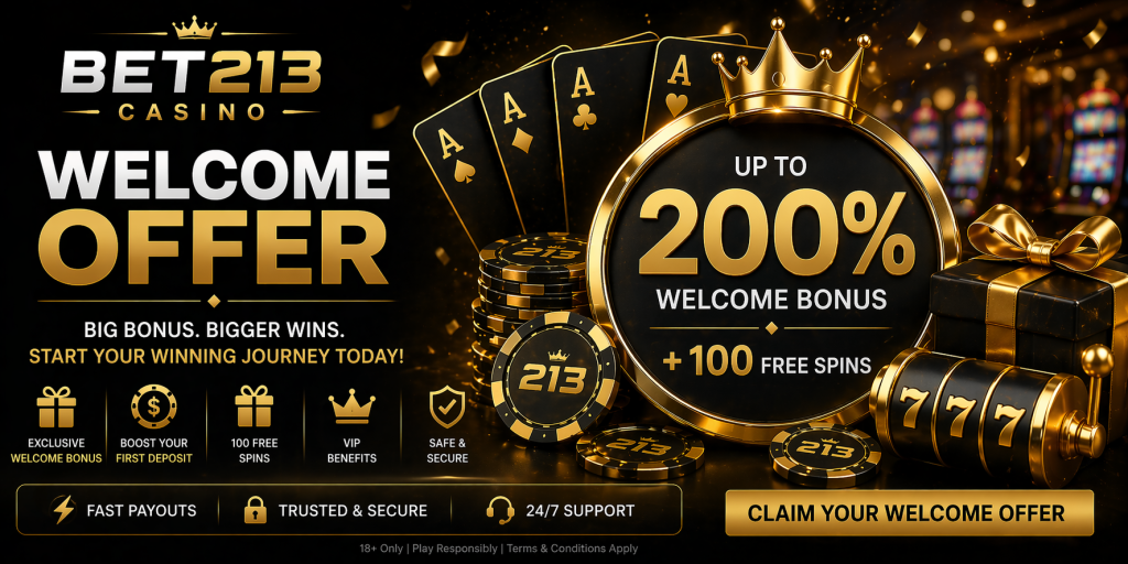 Luxury casino welcome offer banner with gold chips, playing cards, gift box, and premium bonus rewards on a dark background