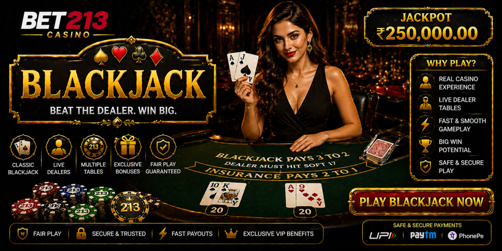 Casino blackjack banner with cards, chips, dealer, and elegant table visuals