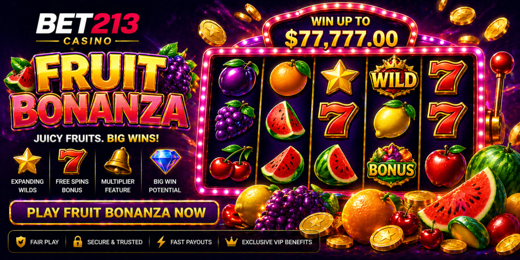 Colorful fruit slot banner with juicy symbols, glowing reels, coins, and vibrant casino visuals