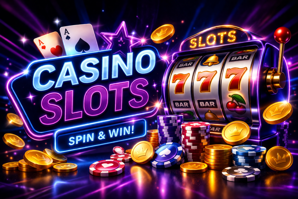 Casino slots banner with slot machine, chips, coins and glowing neon lights on dark background