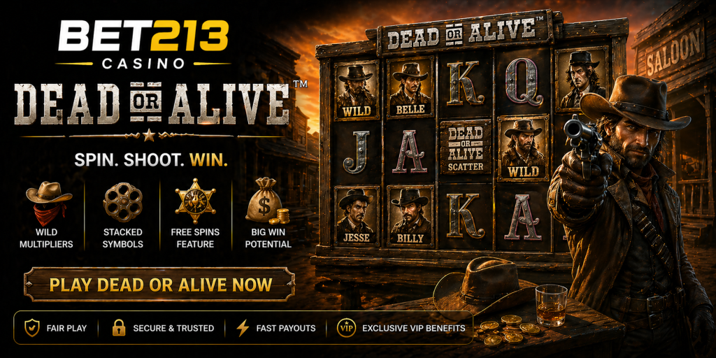 Wild West slot banner with cowboy, revolver, vintage reels, and dusty saloon backdrop