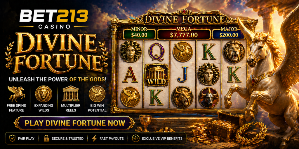 Mythology-themed slot banner with golden reels, ancient symbols, treasure chest, and divine elements