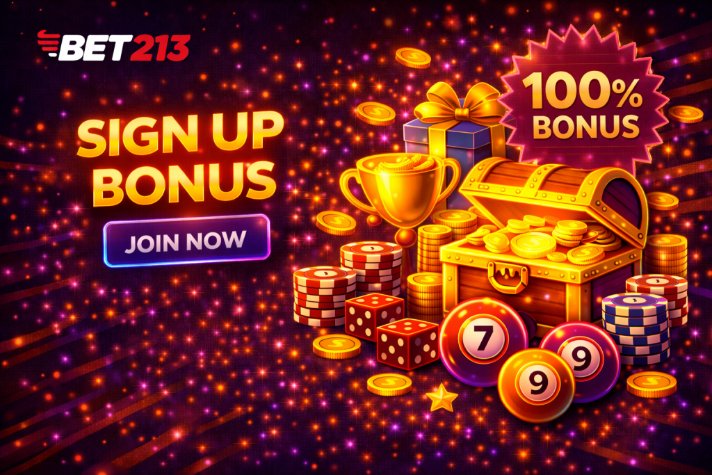 Casino sign up bonus banner with glowing gift box, coins, trophy and bonus elements on dark neon background