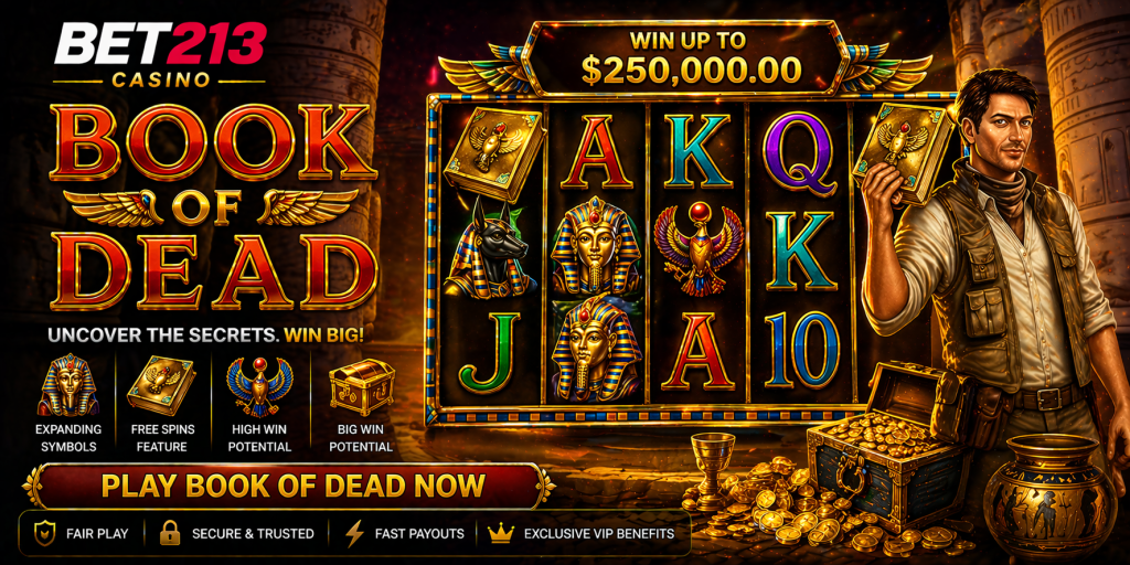 Ancient Egypt slot banner with explorer theme, golden symbols, mystical book, and temple background