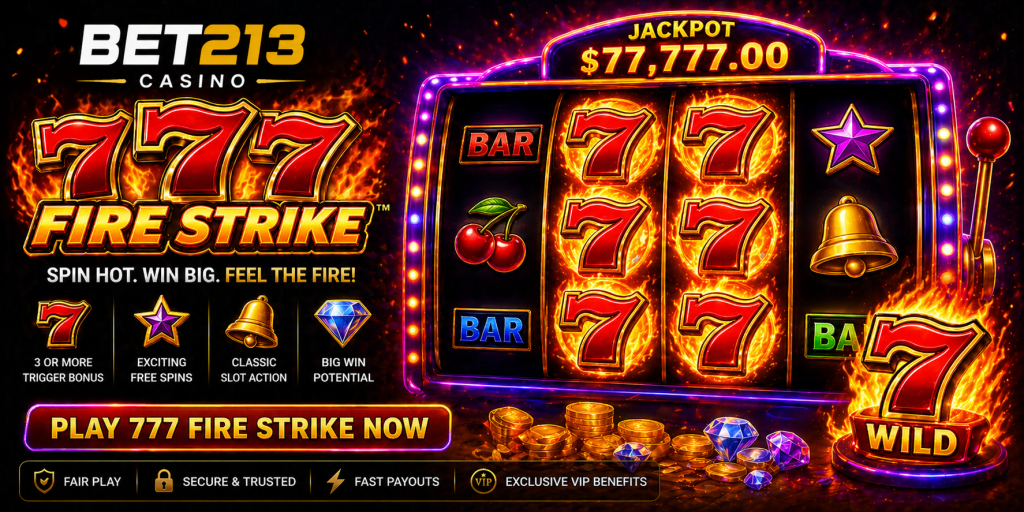 Fiery slot banner with glowing 777 reels, bright lights, coins, and high-energy casino visuals
