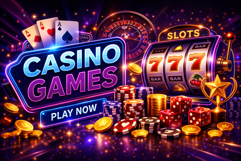 Casino games banner with roulette wheel, slot machine, dice, chips and glowing neon lights on dark background