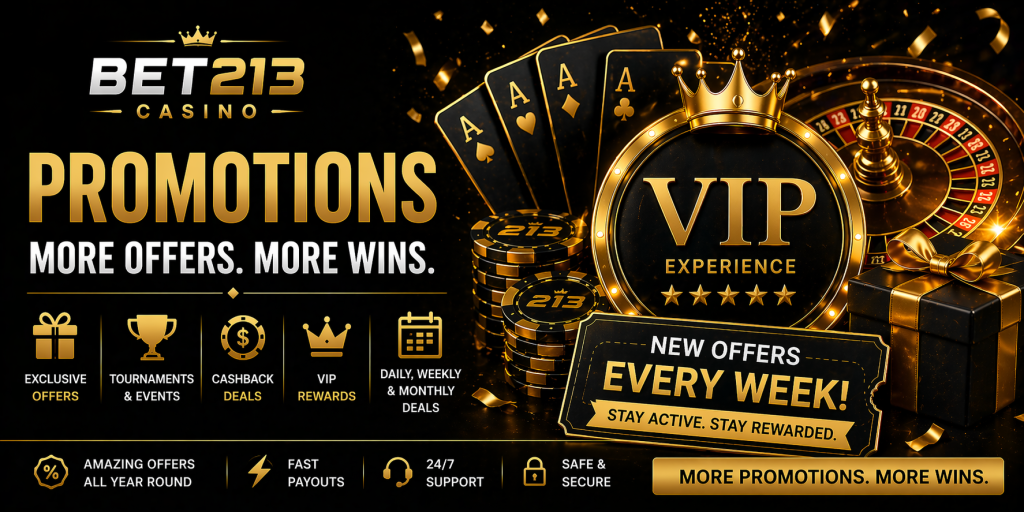 Luxury casino promotions banner with gold chips, roulette wheel, VIP badge, and exclusive bonus offers on a dark background