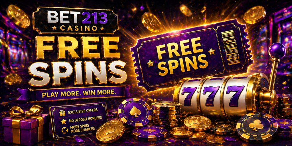 Free spins concept with slot machine, coins, and glowing bonus ticket