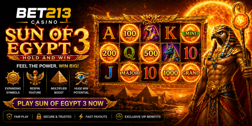Ancient Egypt slot banner with glowing symbols, pyramids, sun disc, and powerful deity visuals