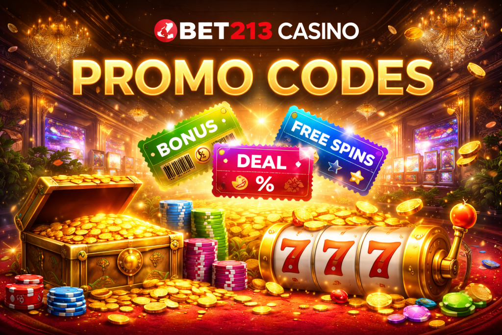 Casino promo codes concept with bonus tickets, coins, and slot machine