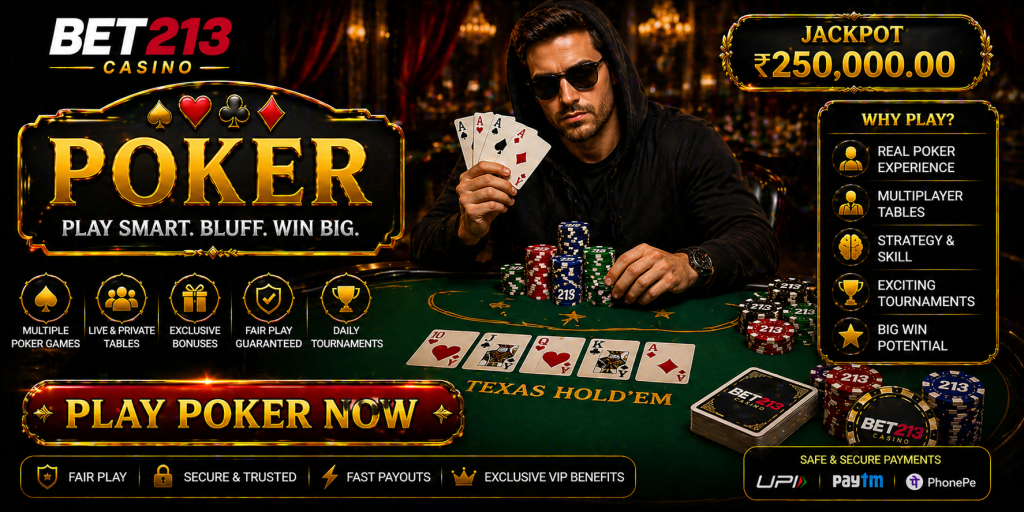 Casino poker banner with cards, chips, and high-stakes table visuals