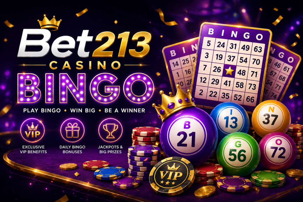 Colorful bingo balls, glowing cards and casino chips in a vibrant gaming scene