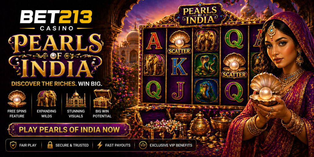 Colorful slot banner with Indian theme, glowing pearl, ornate treasures, and rich decorative visuals