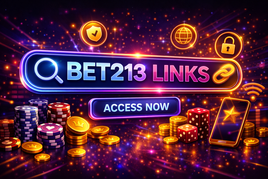 Casino links banner with glowing search bar, chain icons, coins, chips and neon security elements on dark background