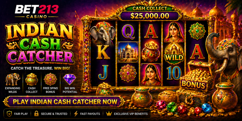 Colorful slot banner with Indian theme, coins, ornate patterns, and rich treasure visuals