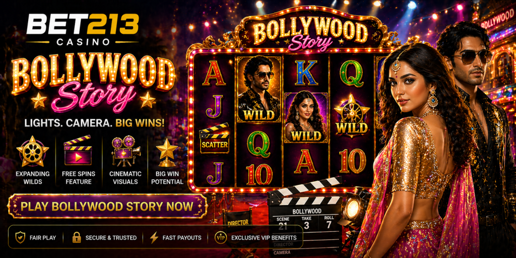 Colorful Bollywood-themed slot banner with bright lights, film elements, and vibrant reels
