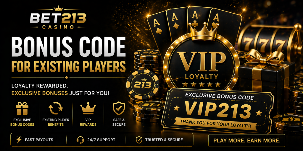 Luxury casino loyalty bonus banner with gold chips, VIP badge, gift box, and exclusive rewards for existing players on a dark background