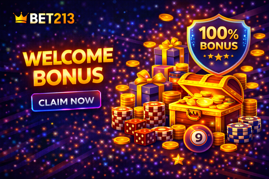 Casino welcome bonus banner with glowing gift box, coins, chips and bonus elements on dark neon background