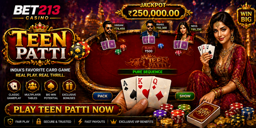 Casino card game banner with Teen Patti table, playing cards, chips, and vibrant luxury visuals