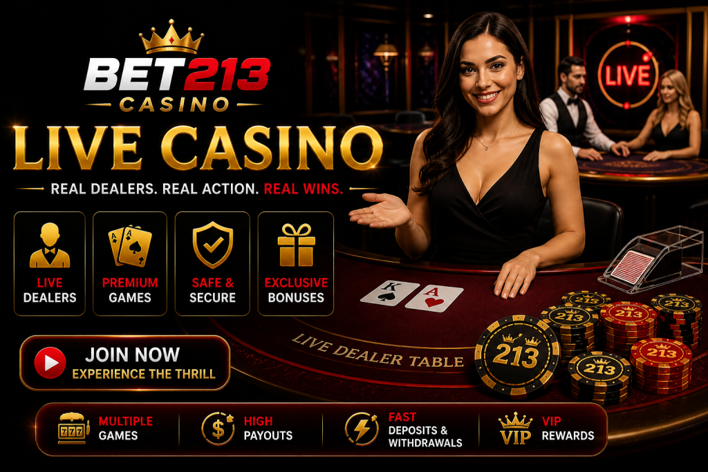 Live dealer table with cards, chips and real-time casino atmosphere
